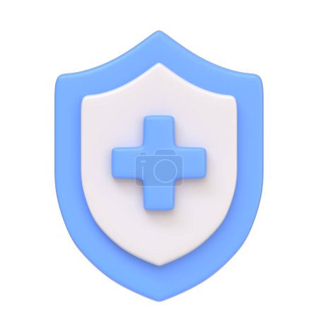 Photo for Blue and white medical shield with a prominent blue cross, symbolizing healthcare protection, isolated on white background. 3D icon, sign and symbol. Front view. 3D Render Illustration - Royalty Free Image