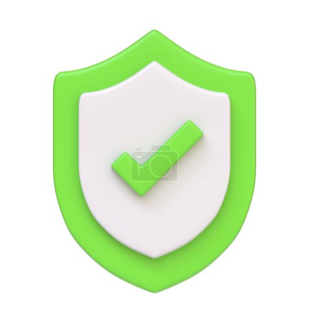 Escudo verde y blanco con una marca de verificación, que simboliza la verificación o la seguridad, aislado sobre fondo blanco. Icono 3D, signo y símbolo. Vista frontal. Ilustración de renderizado 3D