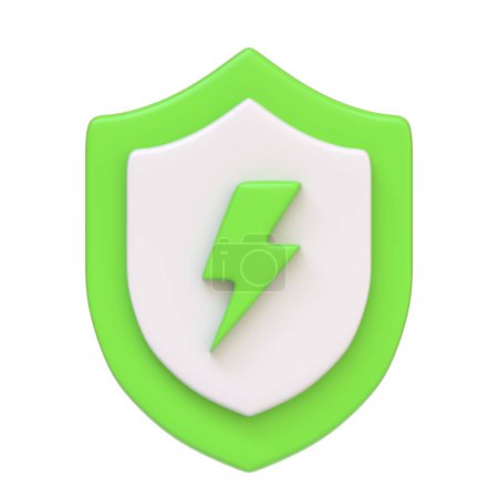 Protective green shield featuring a lightning bolt, symbolizing energy or electrical protection, isolated on white background. 3D icon, sign and symbol. Front view. 3D Render Illustration