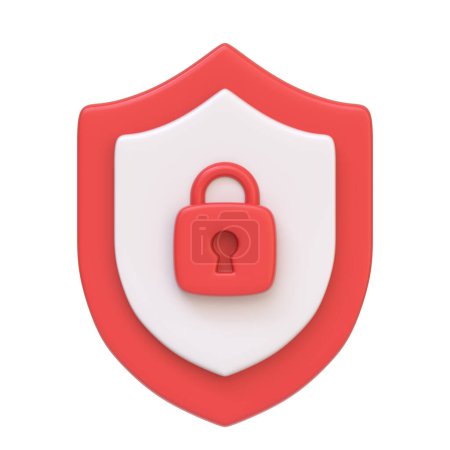 Téléchargez les photos : Bouclier de sécurité rouge avec une icône de verrouillage au centre, représentant la cybersécurité et la protection, isolé sur fond blanc. Icône, signe et symbole 3D. Vue de face. Illustration 3D Render - en image libre de droit