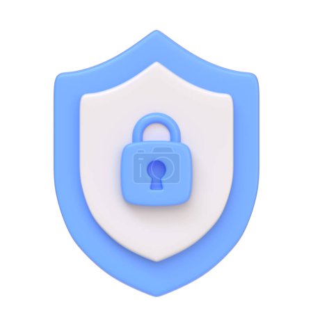 Blaues Sicherheitsschild mit einem Schloss-Symbol in der Mitte, das Cybersicherheit und Schutz darstellt, isoliert auf weißem Hintergrund. 3D-Symbol, Zeichen und Symbol. Frontansicht. 3D Render Illustration