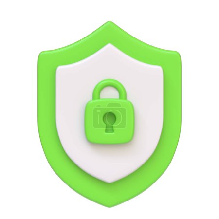 Green security shield with a lock icon in the center, depicting cybersecurity and protection, isolated on white background. 3D icon, sign and symbol. Front view. 3D Render Illustration