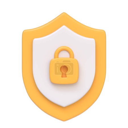 Yellow security shield with a lock icon in the center, depicting cybersecurity and protection, isolated on white background. 3D icon, sign and symbol. Front view. 3D Render Illustration