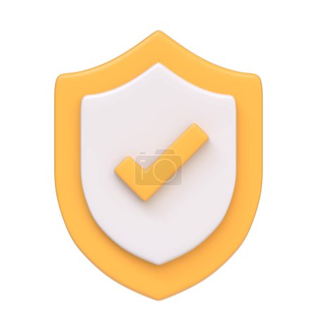 Foto de Escudo amarillo y blanco con una marca de verificación, que simboliza la verificación o la seguridad, aislado sobre fondo blanco. Icono 3D, signo y símbolo. Vista frontal. Ilustración de renderizado 3D - Imagen libre de derechos