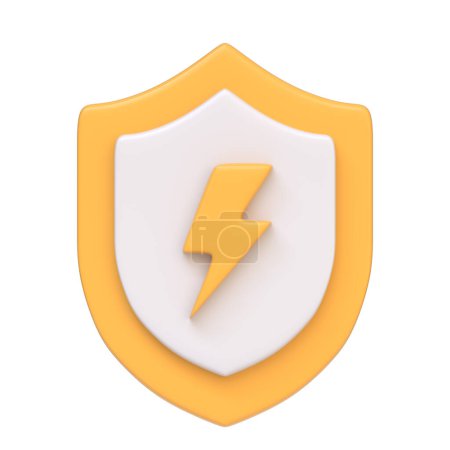 Protective yellow shield featuring a lightning bolt, symbolizing energy or electrical protection, isolated on white background. 3D icon, sign and symbol. Front view. 3D Render Illustration