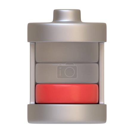 Batterie-Symbol mit einer roten Anzeige für niedrigen Ladestand, die auf weißem Hintergrund eine Warnung vor niedrigem Energie- oder Stromverbrauch symbolisiert. 3D-Symbol, Zeichen und Symbol. Frontansicht. 3D Render Illustration