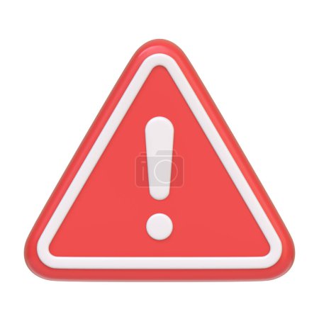 Rotes Warnschild mit einem fetten Ausrufezeichen, das üblicherweise verwendet wird, um vor potenziellen Gefahren oder vor Vorsicht auf weißem Hintergrund zu warnen. 3D-Symbol, Zeichen und Symbol. Frontansicht. 3D Render Illustration