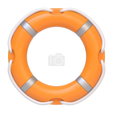 Bouée de sauvetage orange avec des accents blancs, symbolisant le sauvetage et la sécurité en mer isolé sur fond blanc. Icône, signe et symbole 3D. Vue de face. Illustration 3D Render