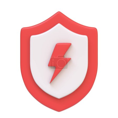 Protective red shield featuring a lightning bolt, symbolizing energy or electrical protection, isolated on white background. 3D icon, sign and symbol. Front view. 3D Render Illustration