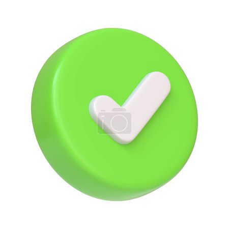 Photo for Vibrant green button showcasing a white check mark isolated on a white background, representing approval, agreement, or completion in a user interface. 3D icon, sign and symbol. Side view. 3D Render - Royalty Free Image