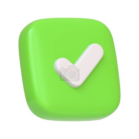 Photo for A square green button with a white tick isolated on a white background, commonly used as a confirm or agree icon in digital interfaces. 3D icon, sign and symbol. Side view. 3D Render Illustration - Royalty Free Image