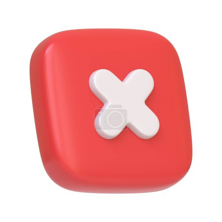 Foto de Botón cuadrado rojo con una cruz blanca aislada sobre un fondo blanco, que suele representar una opción de eliminación o rechazo en las interfaces de usuario. Icono 3D, signo y símbolo. Vista lateral. Renderizado 3D - Imagen libre de derechos