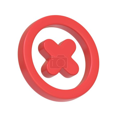 Téléchargez les photos : Bouton circulaire rouge avec une croix au centre isolé sur un fond blanc, couramment utilisé comme icône pour les fonctions d'erreur ou de fermeture. Icône, signe et symbole 3D. Vue latérale. Illustration 3D Render - en image libre de droit