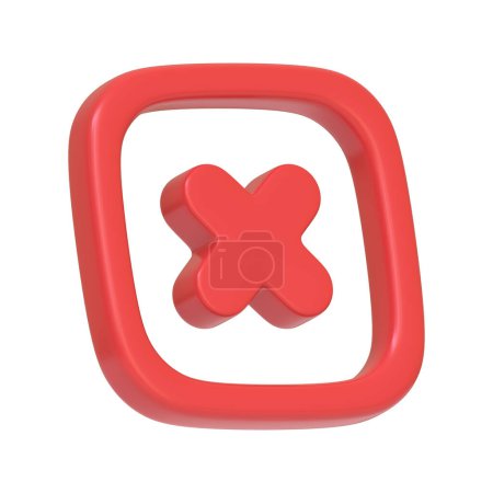 Photo for Red rounded square button featuring a bold cross isolated on a white background, commonly associated with error messages or the option to close a window. Icon, sign and symbol. Side view. 3D Render - Royalty Free Image