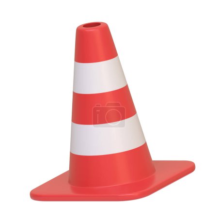 Red and white striped traffic cone isolated on a white background. 3D icon, sign and symbol. Side view. 3D Render Illustration