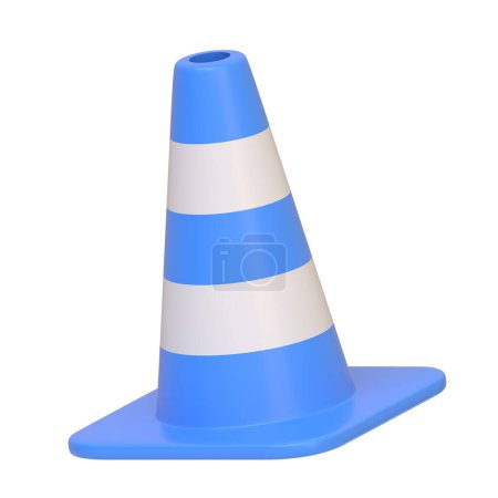 Blue and white striped traffic cone isolated on a white background. 3D icon, sign and symbol. Side view. 3D Render Illustration