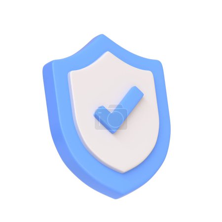 Foto de Escudo azul y blanco con una marca de verificación, que simboliza la verificación o la seguridad, aislado sobre fondo blanco. Icono 3D, signo y símbolo. Vista lateral. Ilustración de renderizado 3D - Imagen libre de derechos