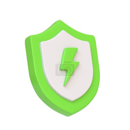 Protective green shield featuring a lightning bolt, symbolizing energy or electrical protection, isolated on white background. 3D icon, sign and symbol. Side view. 3D Render Illustration