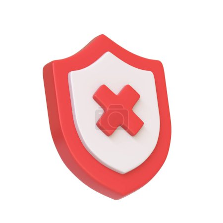 Foto de Escudo rojo y blanco con una cruz prominente, que simboliza un error o protección aislada sobre un fondo blanco. Icono 3D, signo y símbolo. Vista lateral. Ilustración de renderizado 3D - Imagen libre de derechos