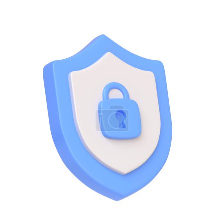 Blaues Sicherheitsschild mit einem Schloss-Symbol in der Mitte, das Cybersicherheit und Schutz darstellt, isoliert auf weißem Hintergrund. 3D-Symbol, Zeichen und Symbol. Seitenansicht. 3D Render Illustration