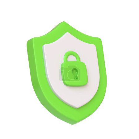 Green security shield with a lock icon in the center, depicting cybersecurity and protection, isolated on white background. 3D icon, sign and symbol. Side view. 3D Render Illustration