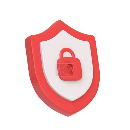 Téléchargez les photos : Bouclier de sécurité rouge avec une icône de verrouillage au centre, représentant la cybersécurité et la protection, isolé sur fond blanc. Icône, signe et symbole 3D. Vue latérale. Illustration 3D Render - en image libre de droit