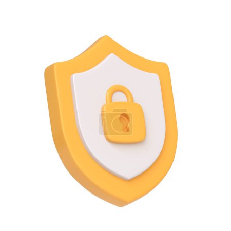 Téléchargez les photos : Bouclier de sécurité jaune avec une icône de verrouillage au centre, représentant la cybersécurité et la protection, isolé sur fond blanc. Icône, signe et symbole 3D. Vue latérale. Illustration 3D Render - en image libre de droit