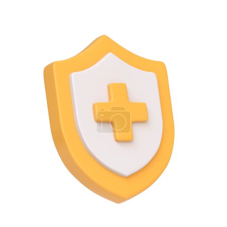 Téléchargez les photos : Bouclier médical jaune et blanc avec une croix bleue proéminente, symbolisant la protection des soins de santé, isolé sur fond blanc. Icône, signe et symbole 3D. Vue latérale. Illustration 3D Render - en image libre de droit