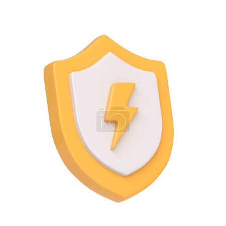 Protective yellow shield featuring a lightning bolt, symbolizing energy or electrical protection, isolated on white background. 3D icon, sign and symbol. Side view. 3D Render Illustration