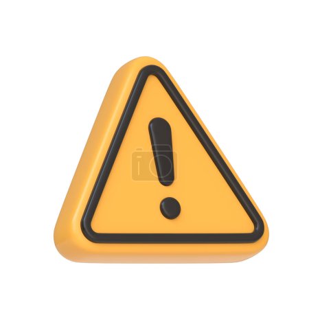 Signo de precaución con un signo de exclamación negro dentro de un triángulo amarillo, que indica una advertencia general o alerta aislada sobre fondo blanco. Icono 3D, signo y símbolo. Vista lateral. Ilustración de renderizado 3D