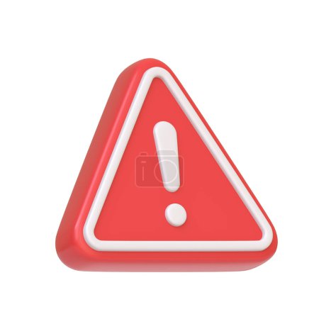 Rotes Warnschild mit einem fetten Ausrufezeichen, das üblicherweise verwendet wird, um vor potenziellen Gefahren oder vor Vorsicht auf weißem Hintergrund zu warnen. 3D-Symbol, Zeichen und Symbol. Seitenansicht. 3D Render Illustration