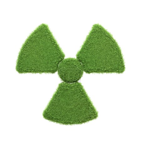 Symbole de danger radioactif représenté avec de l'herbe verte isolée sur fond blanc, représentant le paradoxe de la recherche d'une énergie propre et durable dans un monde nucléaire. Illustration de rendu 3D