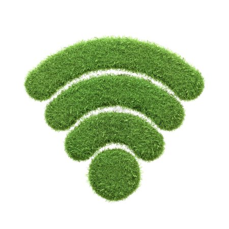 Ein WLAN-Symbol aus grünem Gras isoliert auf weißem Hintergrund, das das Konzept nachhaltiger und umweltfreundlicher drahtloser Technologie und Konnektivität repräsentiert. 3D-Darstellung