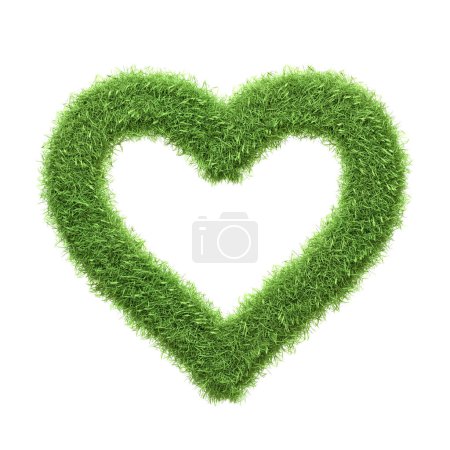 A heart shape with a vibrant green grass texture isolated on a white background, evoking the love for the environment and the importance of eco-friendly practices. 3D render illustration