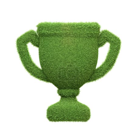 Téléchargez les photos : Une icône trophée recouverte d'herbe verte luxuriante isolée sur fond blanc, représentant les réalisations en matière de durabilité et d'excellence environnementale. Illustration de rendu 3D - en image libre de droit