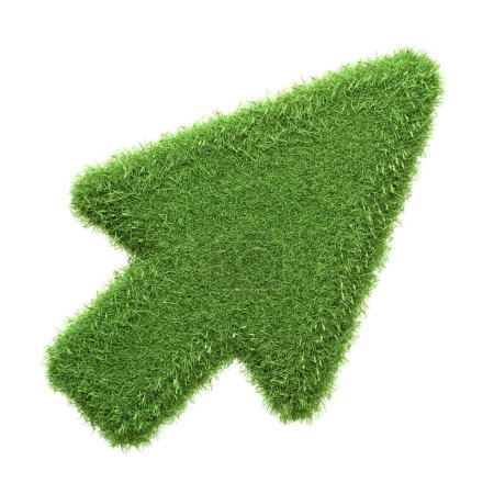 Ein Pfeil-Cursor-Symbol aus dichtem grünen Gras isoliert auf weißem Hintergrund, das nachhaltige Technologie und grüne Richtung in der digitalen Navigation darstellt. 3D-Darstellung