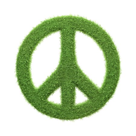 Ein ikonisches Friedenssymbol aus sattgrünem Gras isoliert auf weißem Hintergrund, das die Verschmelzung von Umweltaktivismus und der universellen Botschaft des Friedens symbolisiert. 3D-Darstellung