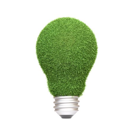 A light bulb covered in green grass isolated on a white background, symbolizing innovative green energy solutions and sustainable environmental ideas. 3D render illustration