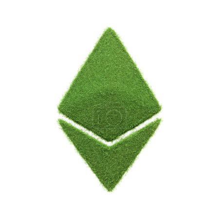 Das Symbol der Kryptowährung Ethereum, dargestellt in lebendigem grünen Gras isoliert auf weißem Hintergrund, verschmilzt die Welten des digitalen Finanzwesens und des ökologischen Bewusstseins. 3D-Darstellung