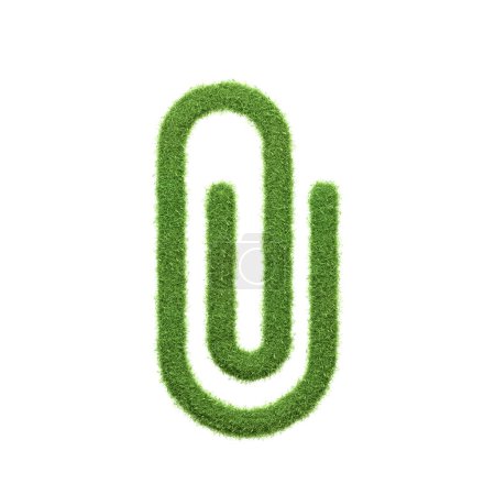Eine kreative Darstellung eines Büroklammersymbols mit grüner Grasstruktur, das umweltfreundliche Büro- und Organisationskonzepte isoliert auf weißem Hintergrund symbolisiert. 3D-Darstellung