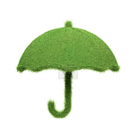 An umbrella crafted from green grass, evoking protection and environmental care concepts, isolated on a white background. 3D render illustration