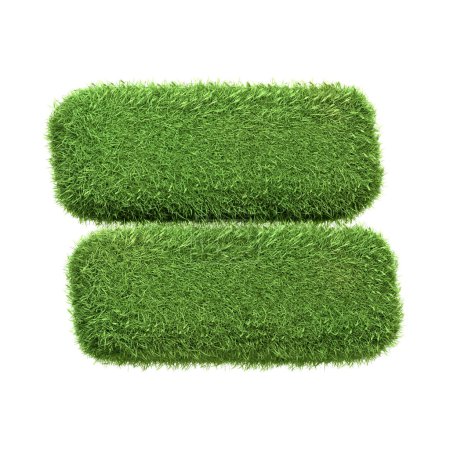 An equal sign symbolizing balance, created from vibrant green grass isolated on a white background, representing the concept of environmental equilibrium and sustainability. 3D render illustration