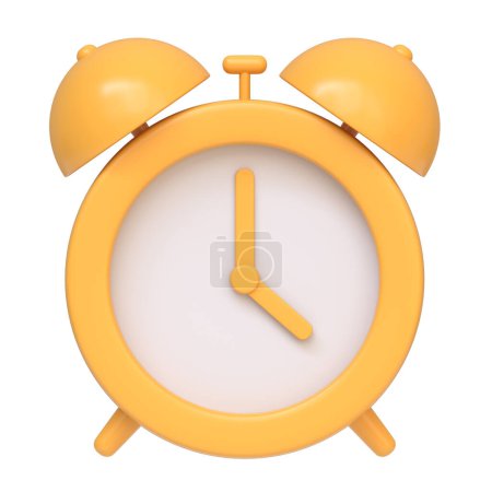 Classic yellow alarm clock isolated on a white background, representing time management and punctuality. 3D icon, sign and symbol. Front view. 3D Render Illustration