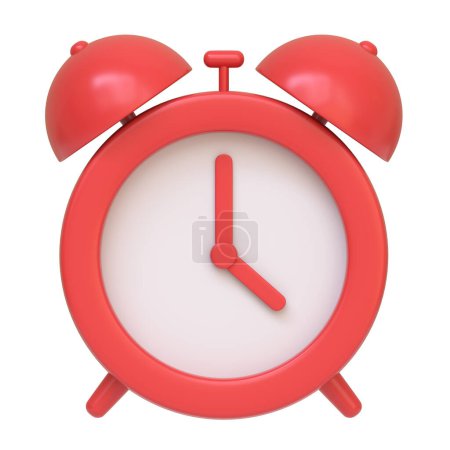 Reloj despertador rojo clásico aislado sobre un fondo blanco, que representa la gestión del tiempo y la puntualidad. Icono 3D, signo y símbolo. Vista frontal. Ilustración de renderizado 3D
