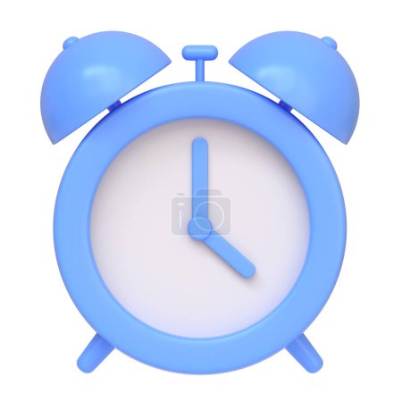 Classic blue alarm clock isolated on a white background, representing time management and punctuality. 3D icon, sign and symbol. Front view. 3D Render Illustration
