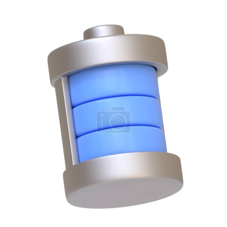 Voll aufgeladene Batterie Symbol leuchtet blau, was volle Leistung und hohen Energieniveau isoliert auf weißem Hintergrund darstellt. 3D-Symbol, Zeichen und Symbol. Seitenansicht. 3D Render Illustration