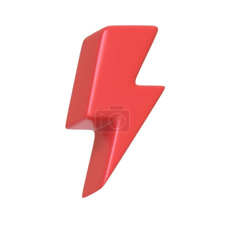 Roter Blitz, gemeinhin mit Geschwindigkeit, Elektrizität und Strom assoziiert, isoliert auf weißem Hintergrund. 3D-Symbol, Zeichen und Symbol. Seitenansicht. 3D Render Illustration