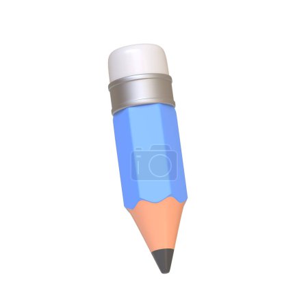 Classic blue pencil with a pink eraser and a sharp tip, isolated on a white background. 3D icon, sign and symbol. Side view. 3D Render Illustration