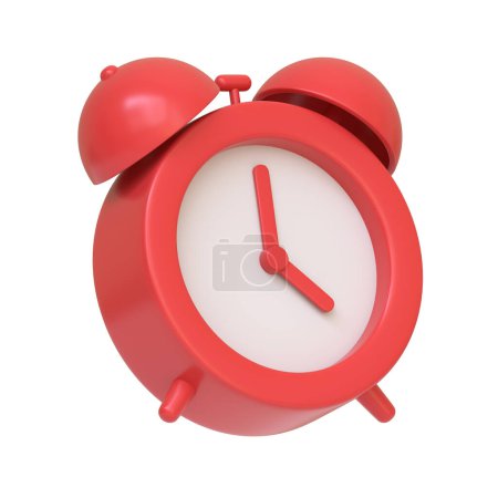 Téléchargez les photos : Réveil rouge classique isolé sur fond blanc, représentant la gestion du temps et la ponctualité. Icône, signe et symbole 3D. Vue latérale. Illustration 3D Render - en image libre de droit