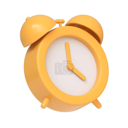 Classic yellow alarm clock isolated on a white background, representing time management and punctuality. 3D icon, sign and symbol. Side view. 3D Render Illustration